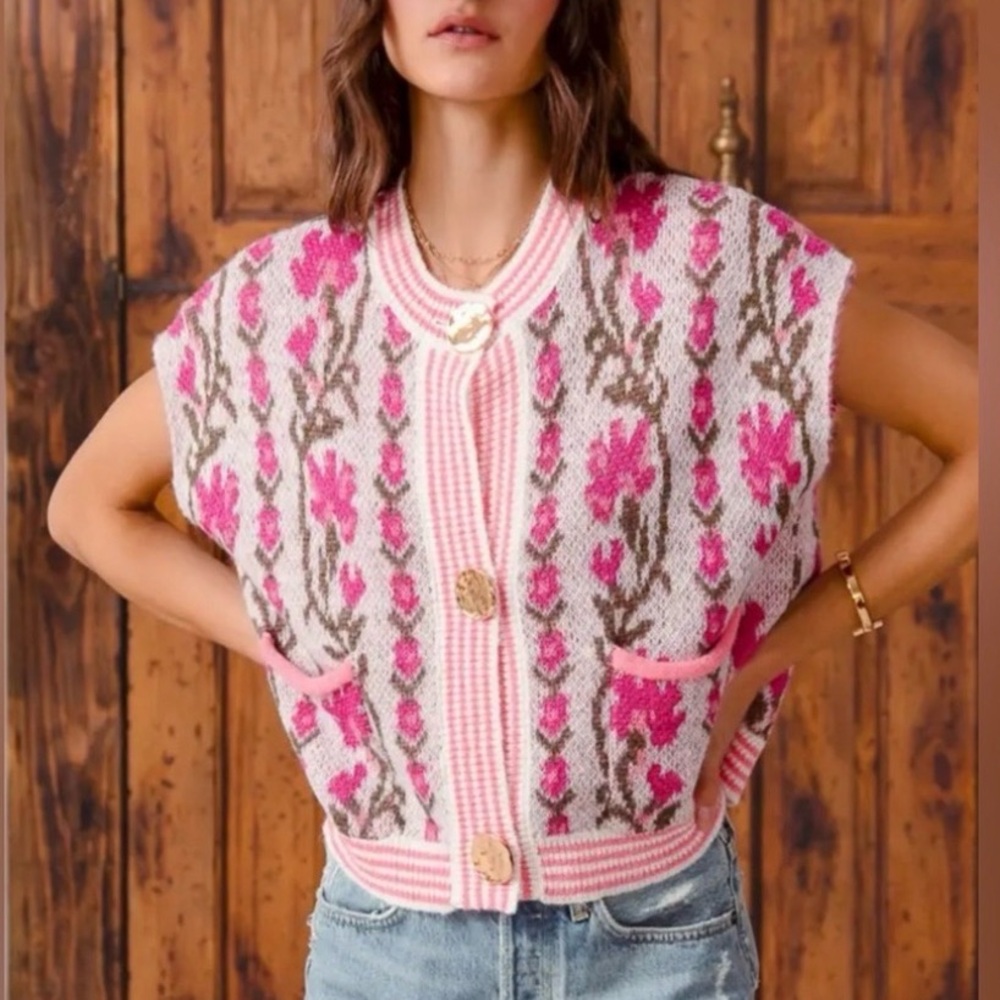 Pink Floral Knit Sweater Vest